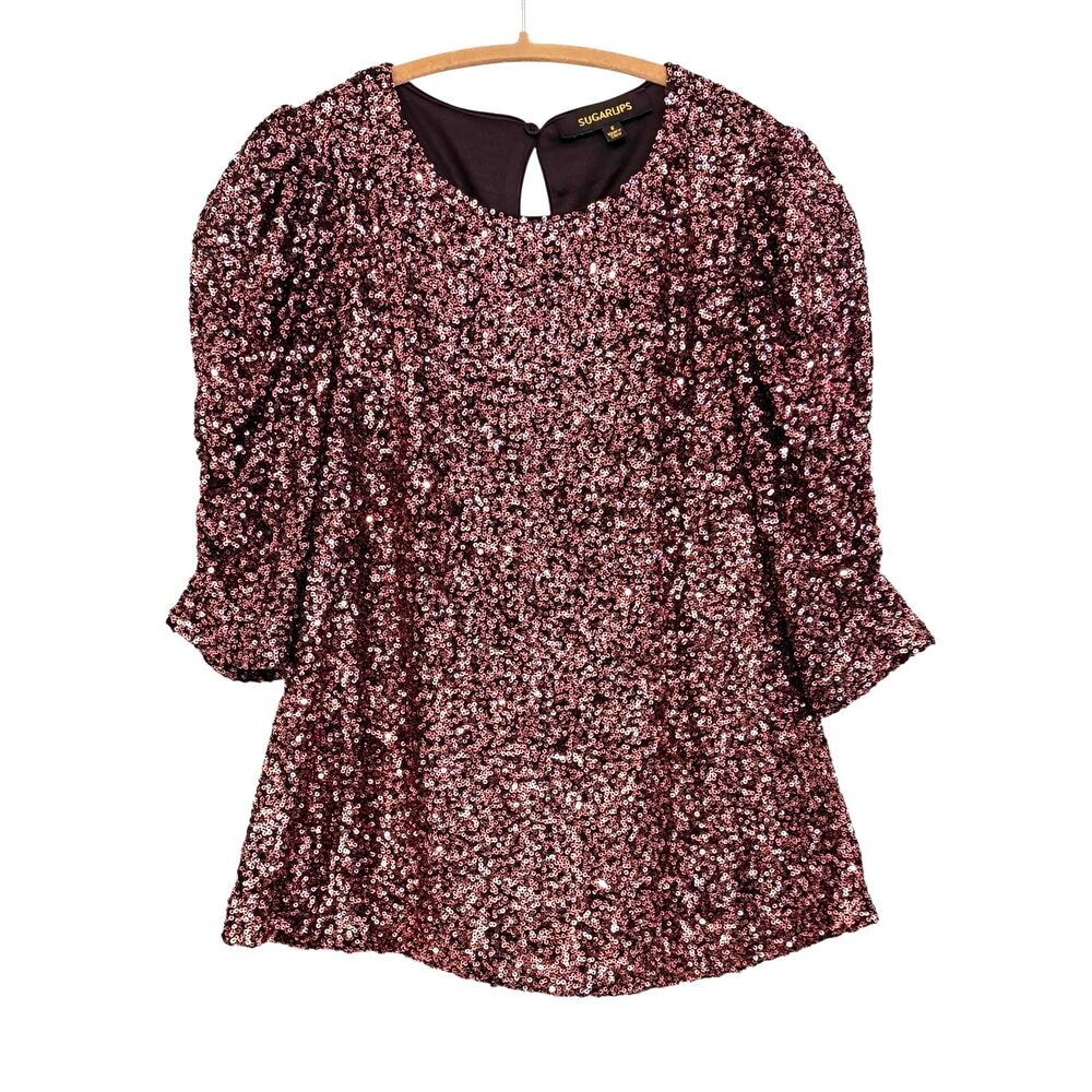 Sugarlips Pink Sequin Puff Sleeve Party Blouse Top Small Floral Sparkle